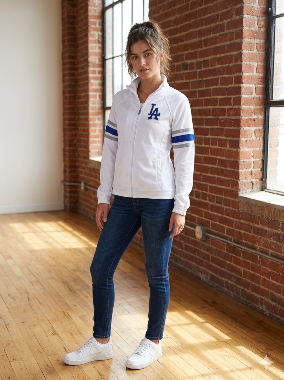 LOS ANGELES DOCKERS Logo White Varsity Jacket with Blue & Gray Stripes. Size XS